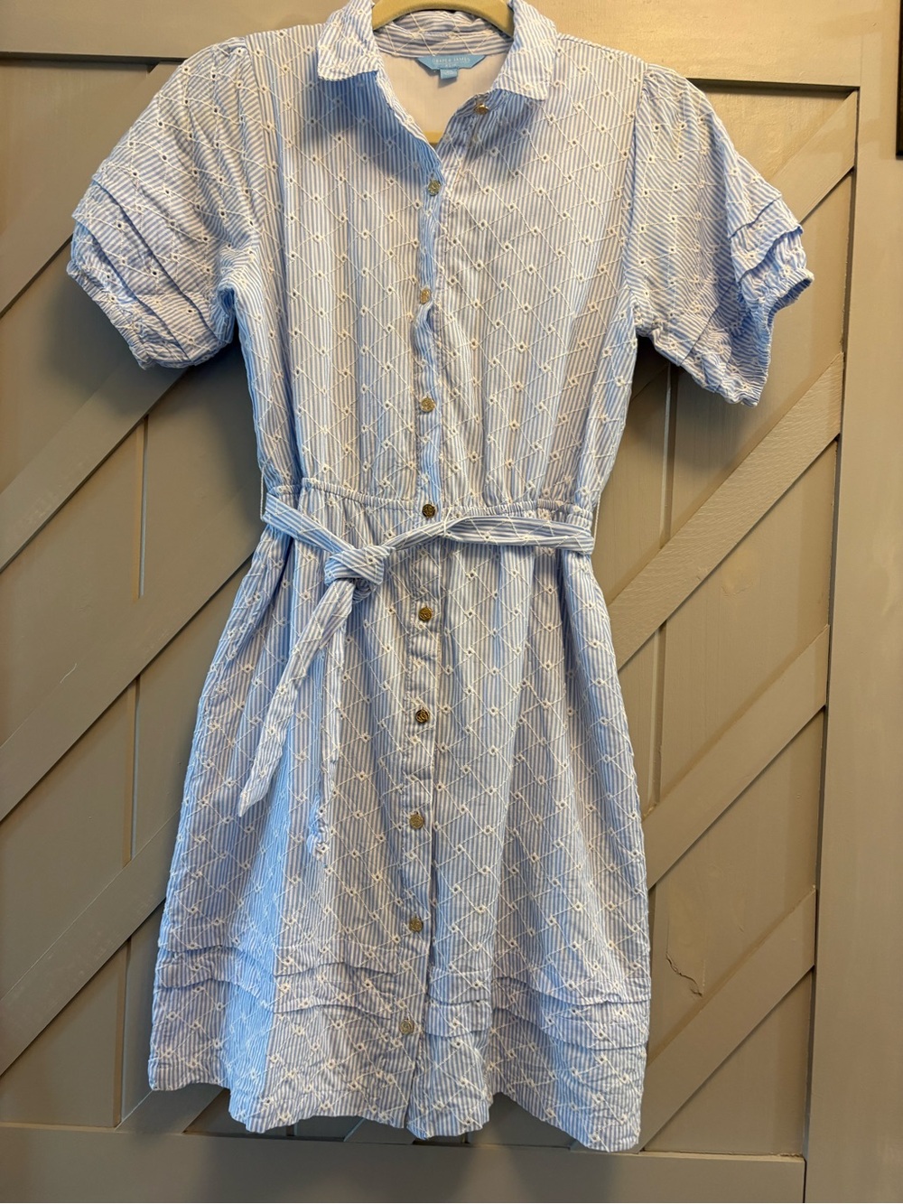 Draper James Blue and White Striped Eyelet Button-Front Dress with Tie